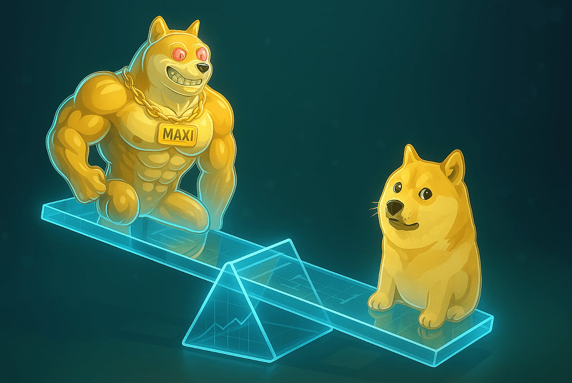 Muscular dog character labeled “MAXI” outweighing a smaller dog on a glowing digital scale.
