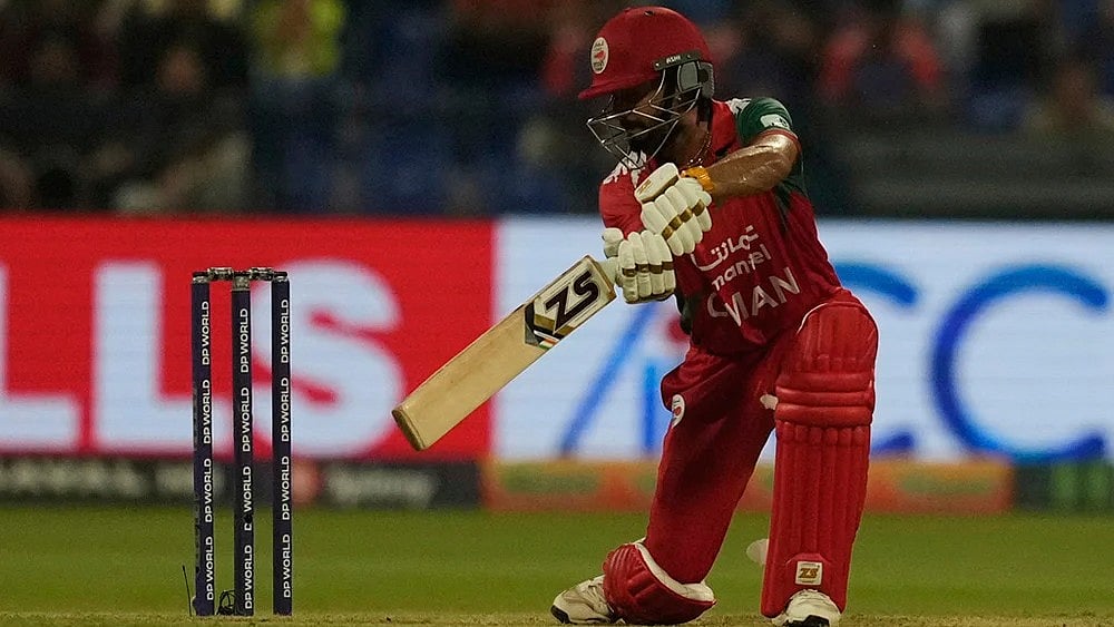 | Photo: AP/Altaf Qadri : Oman in action at the Asia Cup 2025.