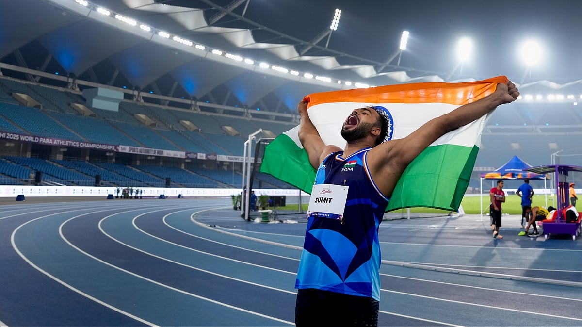 India's Sumit Antil celebrates after claiming gold medal at the men's javelin throw F64 final during the World Para Athletics Championships 2025, at Jawaharlal Nehru Stadium in New Delhi. - PTI