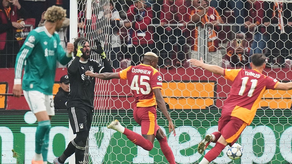 Photo: AP : Galatasaray Vs Liverpool Highlights, UEFA Champions League: Victor Osimhen celebrates after scoring his side's first goal.