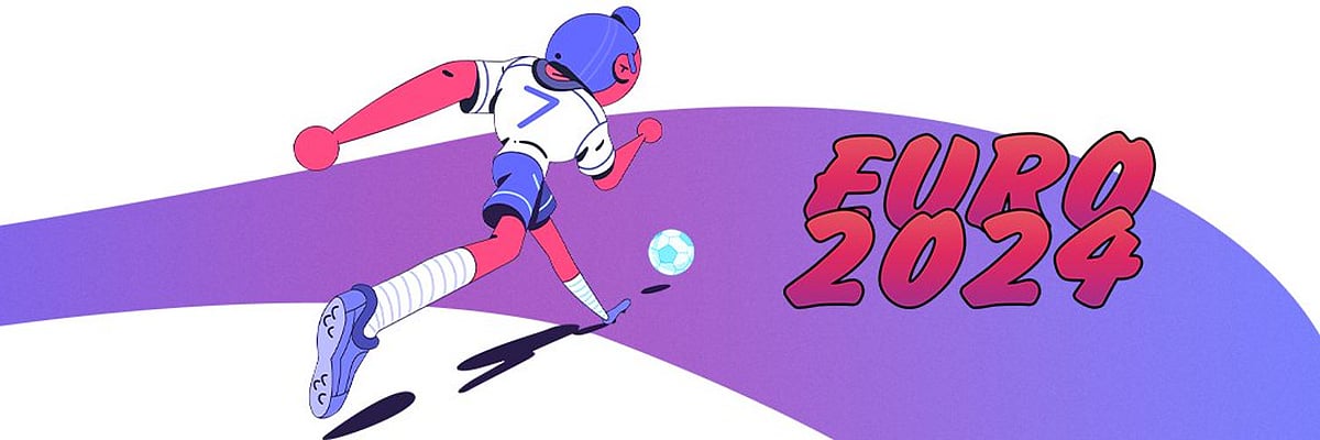 Cartoon of a person in a soccer jersey and cleats running toward the text EURO 2024
