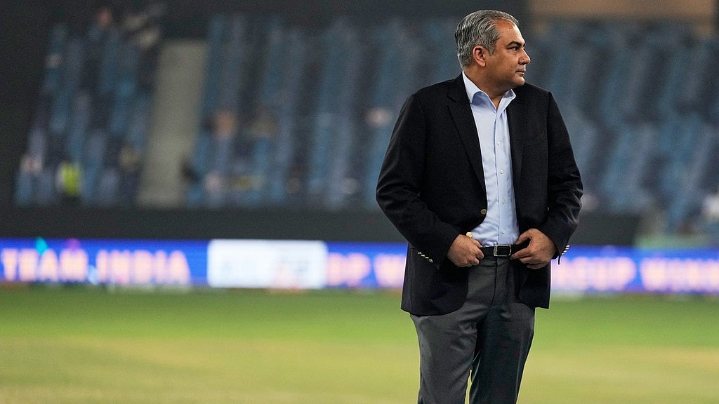 | Photo: AP : Mohsin Naqvi stands near the presentation area after India won the Asia Cup final against Pakistan at Dubai International Cricket Stadium.