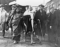 CreditIMAGO / GRANGER Historical Picture Archive
 : MOHANDAS GANDHI (1869-1948). With poet Sarojini Naidu en-route to the Second Round Table Conference in London, England. Photograph, 1931