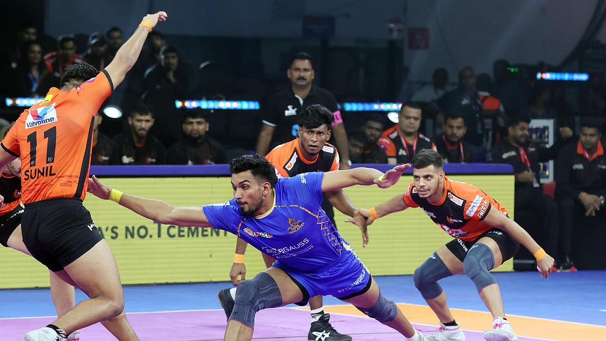 Pro Kabaddi : Action from the U Mumba vs Tamil Thalaivas, Pro Kabaddi League 2025 match in Chennai.
