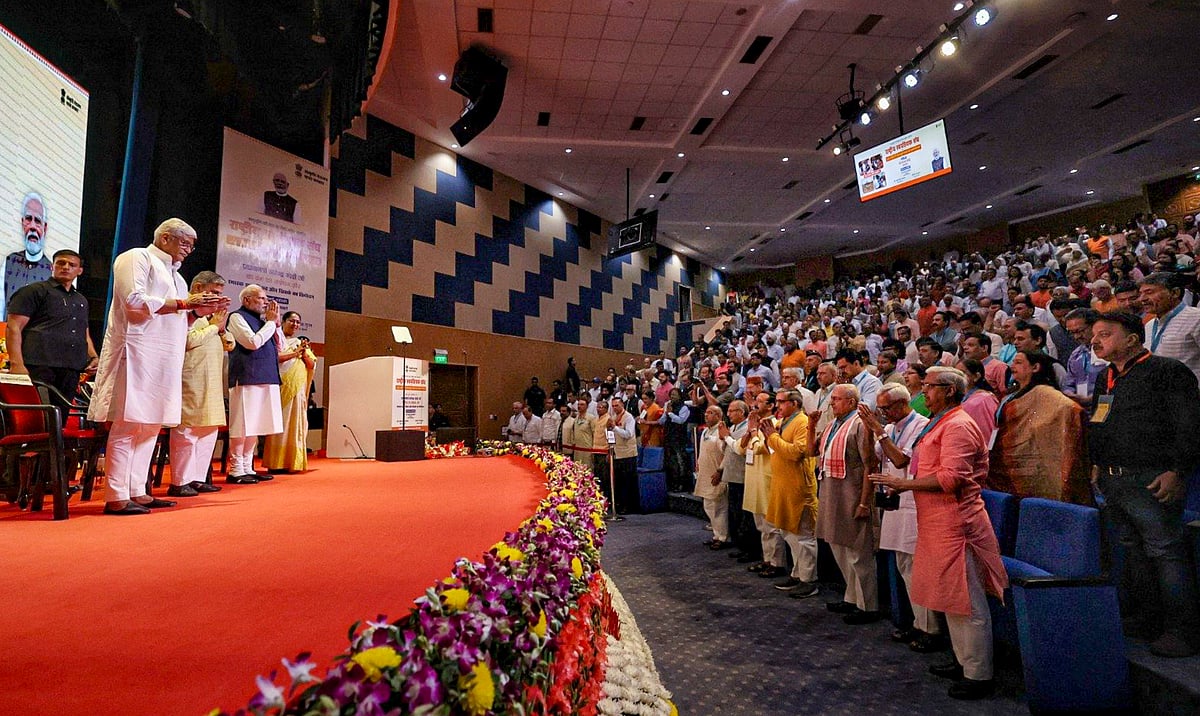 | @narendramodi/X via PTI Photo : In this image posted on Oct. 1, 2025, Prime Minister Narendra Modi during the centenary celebrations of the Rashtriya Swayamsevak Sangh (RSS), in New Delhi. 