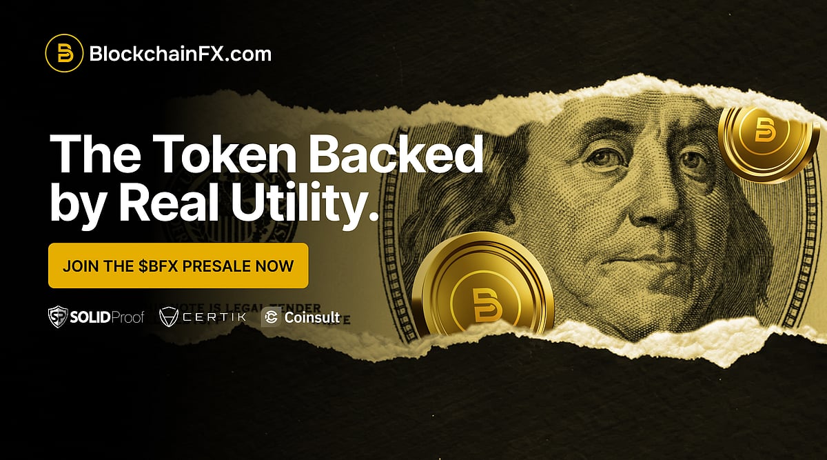 BlockchainFX presale ad for BFX utility token, featuring a stylized dollar bill with crypto coins