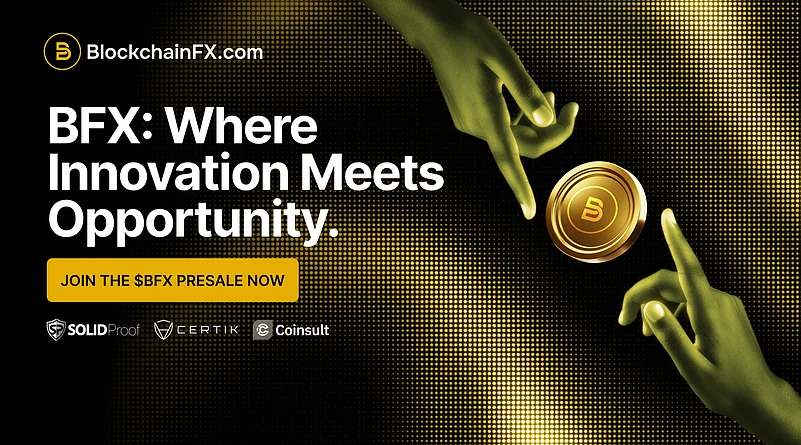 Ad for BlockchainFX with a coin and two hands, stating: Where Innovation Meets Opportunity