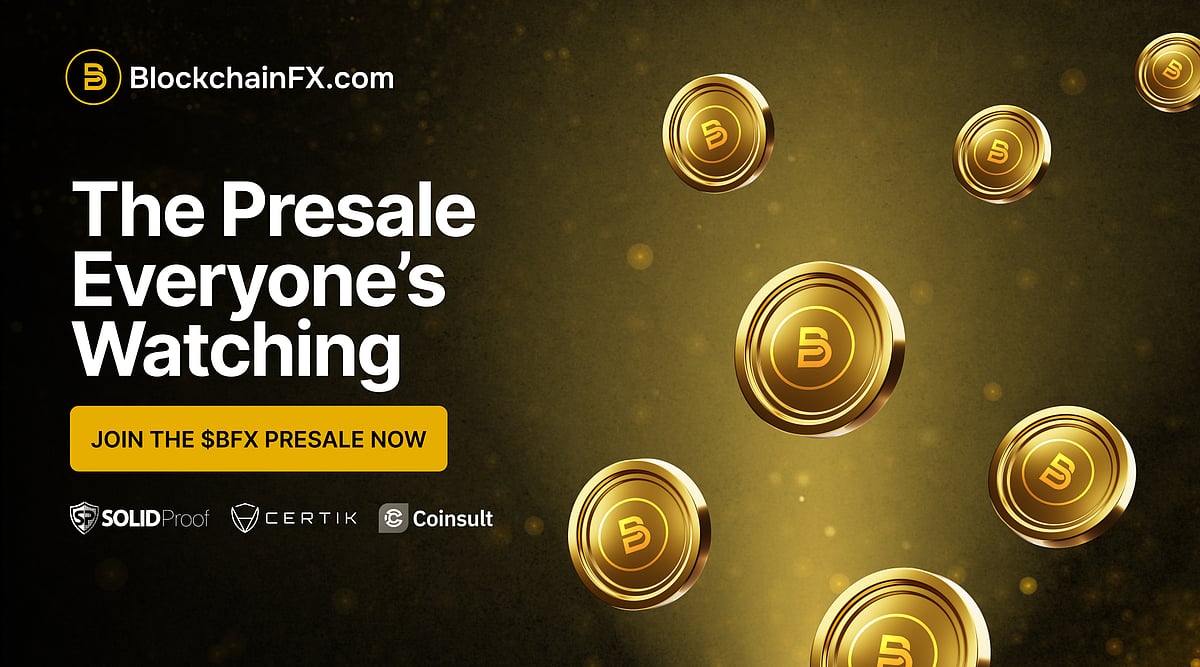 Advertisement for BlockchainFX.com presale with a dark background, floating coins.