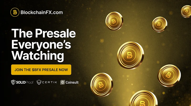 Advertisement for BlockchainFX.com presale with a dark background, floating coins.