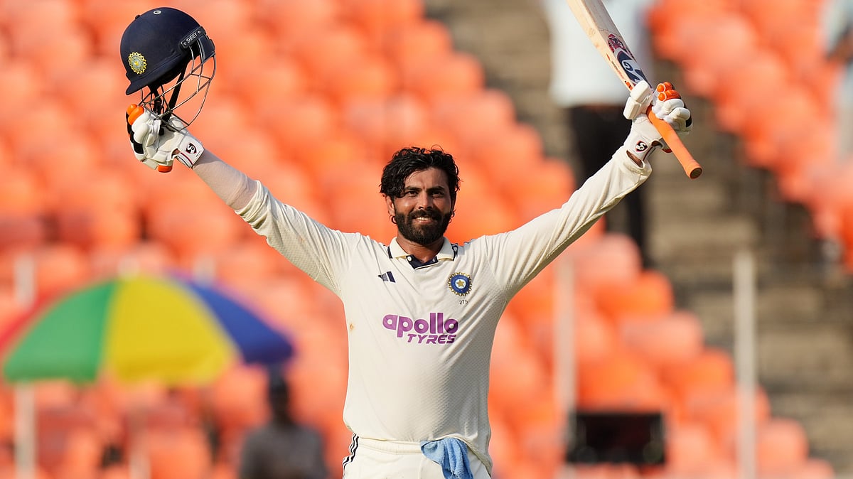 | Photo: AP/Ajit Solanki : India's Ravindra Jadeja celebrates after scoring a century on the second day of the first Test cricket match between India and West Indies at Narendra Modi Stadium in Ahmedabad, India, Friday, Oct. 3, 2025.