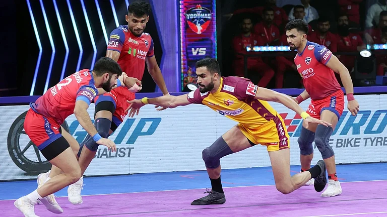 Action from the UP Yoddhas vs Telugu Titans, Pro Kabaddi League 2025 match in Chennai. - Pro Kabaddi