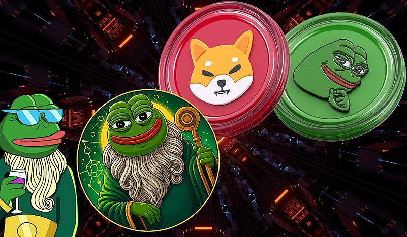 Meme coins with frog and Shiba Inu symbols
