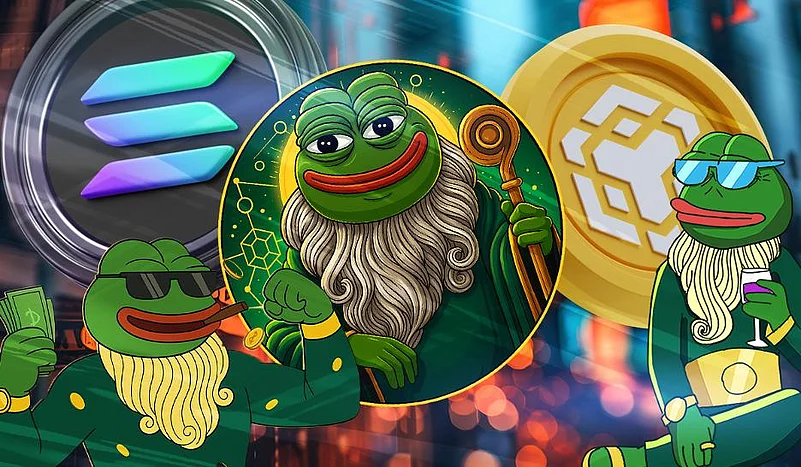 Pepe the frog with BNB coin, symbolizing meme crypto