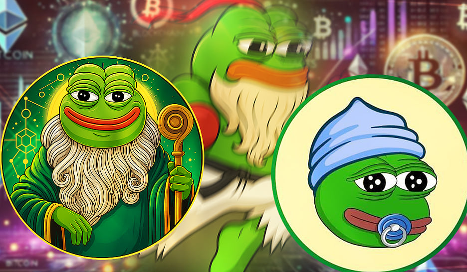 Two different cartoon depictions of Pepe the Frog: a wise, bearded figure and a baby with a pacifier