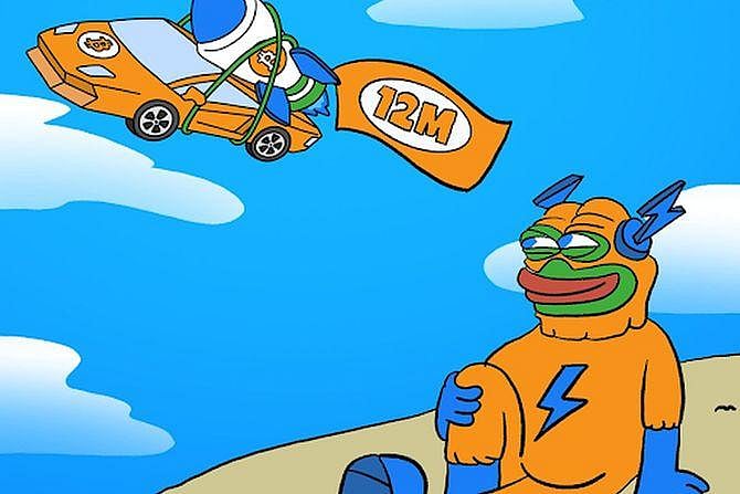 Cartoon frog watches a rocket car with a 12M flag