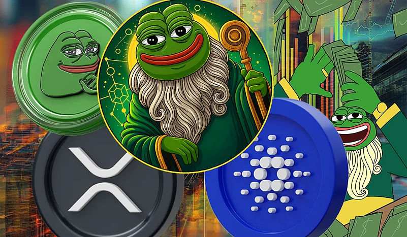 Three cartoon frog characters with crypto coin symbols, including XRP and Cardano logos.