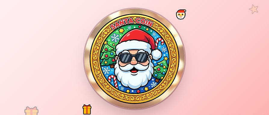 Digital crypto coin design featuring a cool, sunglasses-wearing Santa Claus face.