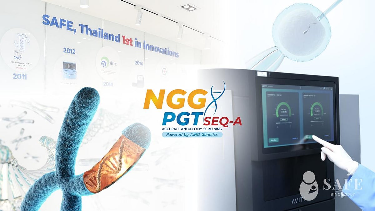 Genetic screening equipment and chromosome imagery at SAFE Fertility with NGG PGT-SEQ-A branding