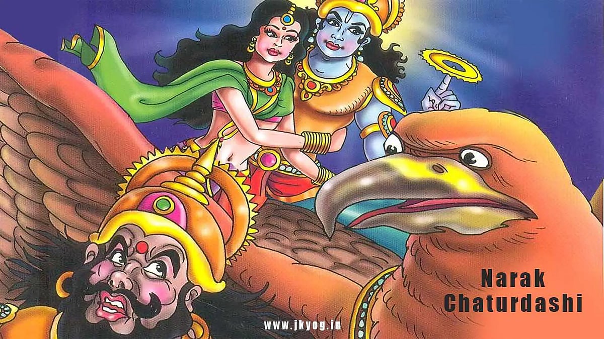 Lord Krishna and Satyabhama riding Garuda, with the demon Narakasura below.