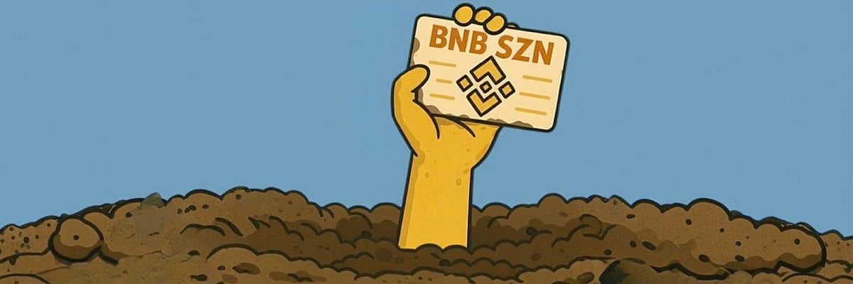 Cartoon yellow arm rising from the ground, holding a card with the BNB SZN logo.