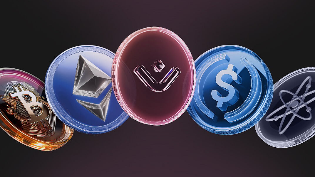 Stylized graphic of multiple crypto coins (Bitcoin, Ethereum, etc.) for an investment article.
