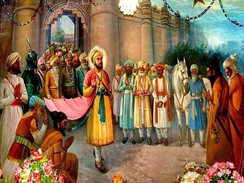 Painting of Guru Hargobind with followers, commemorating Bandi Chhor Divas.