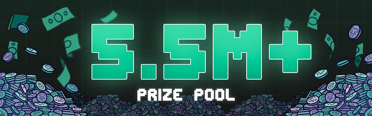 Graphic of a crypto prize pool showing 5.5M+ PRIZE POOL in pixelated font.