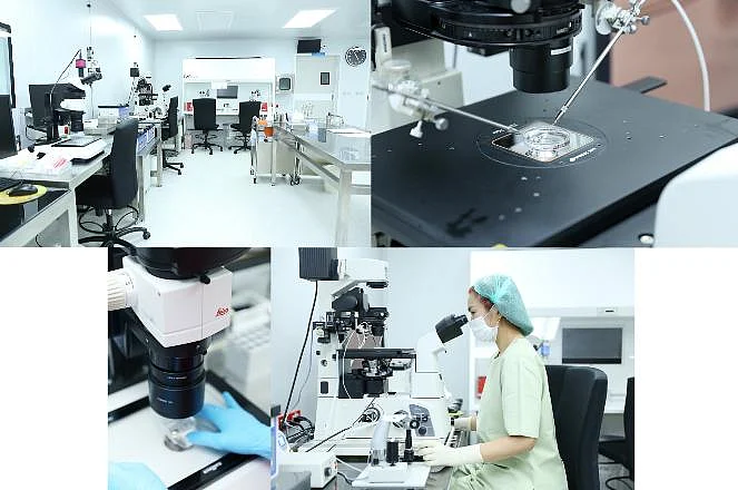 A collage of four images showing high-tech ophthalmic surgery and precision manufacturing equipment.