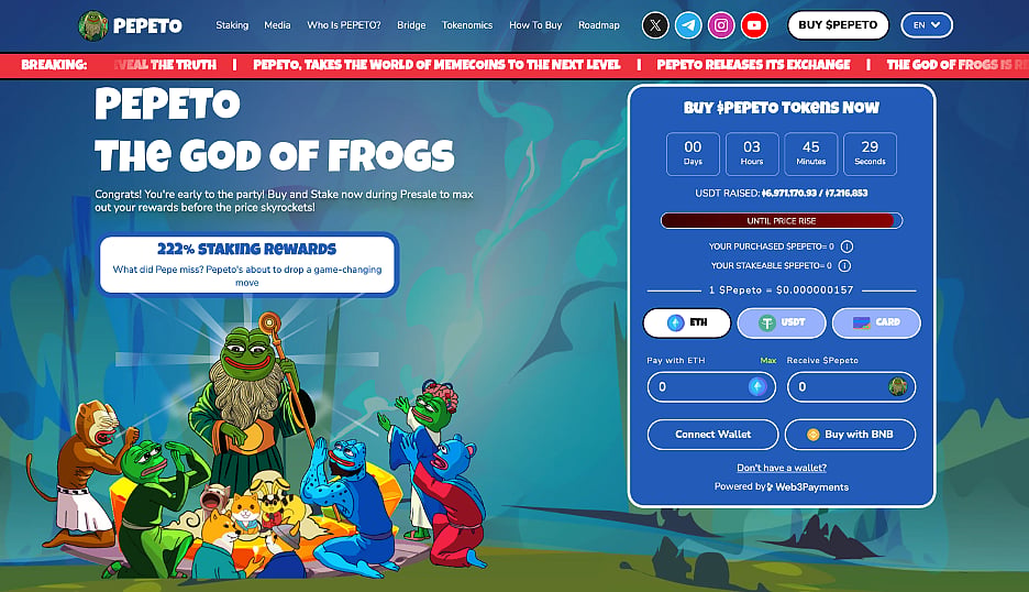 Pepeto crypto website page showing frog characters and token purchase options