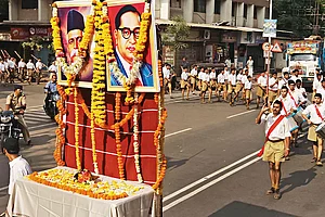 | Photo: Indian express Archive/Deepak Joshi : Ambedkarite Narrative: RSS swayamsevaks commemorate Ambedkar’s 121st birth anniversary rally in Thane district in 2012