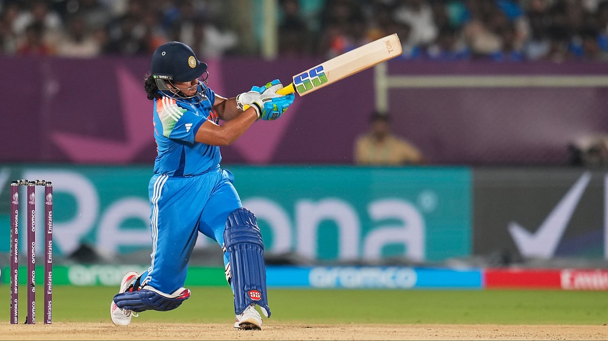 | Photo: AP/Aijaz Rahi : India's Richa Ghosh plays a shot during the ICC Women's Cricket World Cup match between India and South Africa at ACA-VDCA Cricket Stadium in Visakhapatnam, India, Thursday, Oct. 9, 2025.