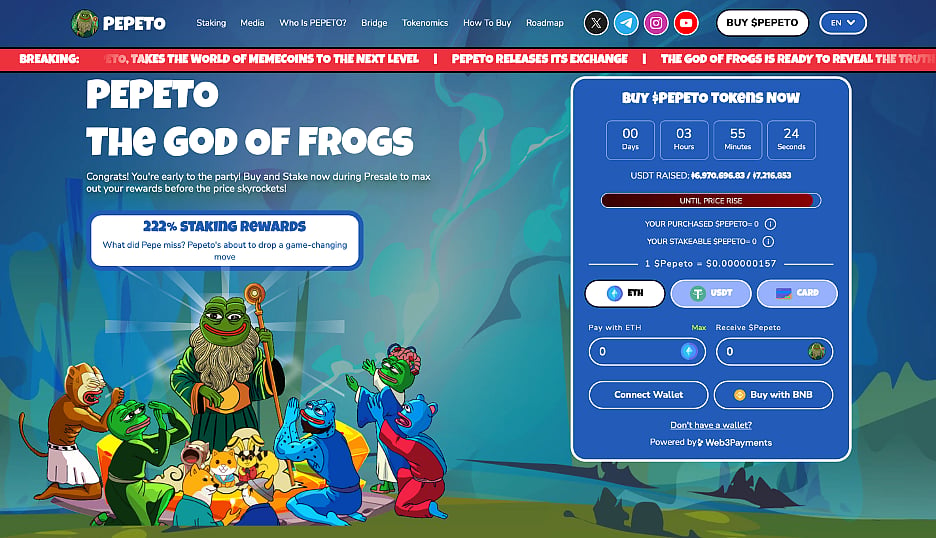 Pepeto crypto website page showing frog characters and token purchase options