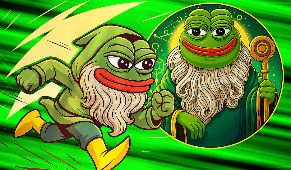 Running Pepe the Frog gnome with a beard and a wizard Pepe in a circular frame.
