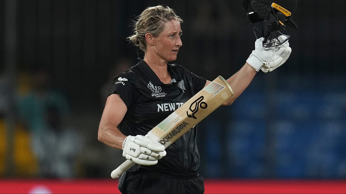 | Photo: AP/Rafiq Maqbool : New Zealand's captain Sophie Devine celebrates her century during the ICC Women's Cricket World Cup cricket match between New Zealand and Australia at Holkar Cricket Stadium in Indore, India, Wednesday, Oct. 1, 2025. 
