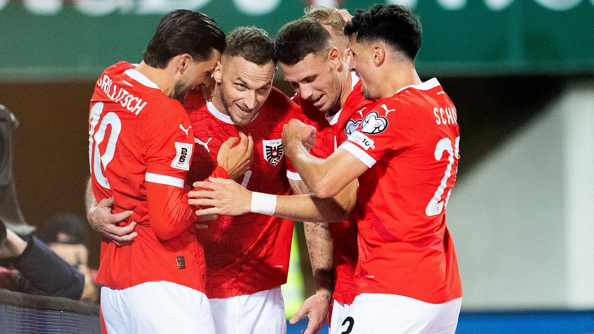 Marko Arnautovic celebrates a four-goal half for Austria against San Marino
