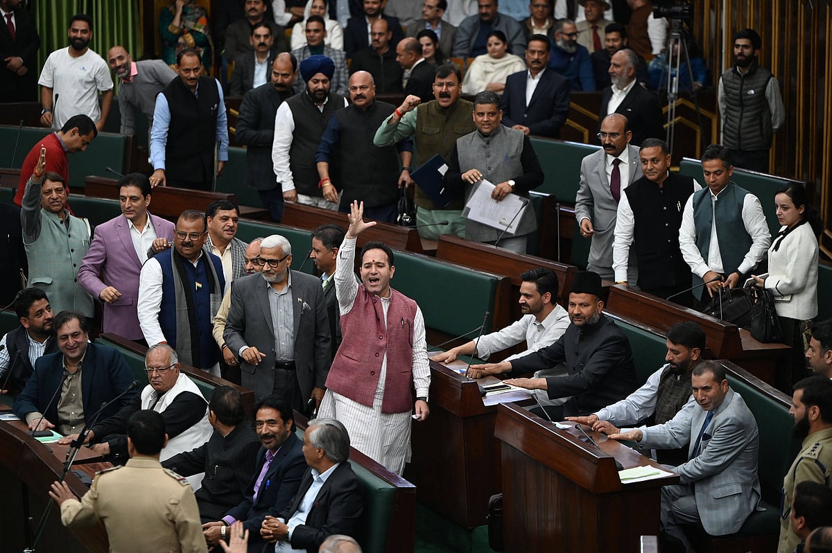 Credits - IMAGO / Hindustan Times : Bharatiya Janata Party (BJP) leaders shout slogans as they walkout during the Budget session of Jammu and Kashmir Assembly on March 5, 2025 in Jammu, India. 