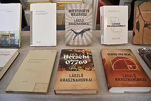 Henrik Montgomery/TT via AP : Books by Hungarian author László Krasznahorkai at Börshuset in Stockholm, after he was announced as the recipient of the Nobel Prize in Literature at the Nobel Assembly of the Karolinska Institutet, in Stockholm, Sweden, Thursday, Oct. 9, 2025.