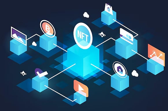 NFT ecosystem graphic with crypto symbols