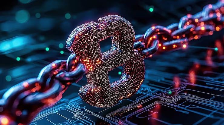 Digital Bitcoin symbol made of particles, floating above a circuit board and a chain