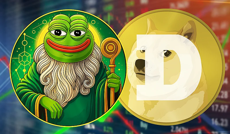 Gandalf-like Pepe the Frog meme next to the Dogecoin logo with a blurry background.