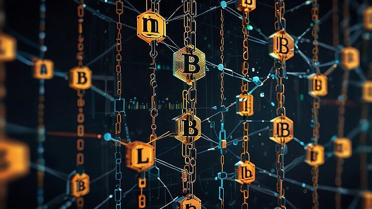 Abstract image of a blockchain network with hexagonal nodes containing letters and B symbols