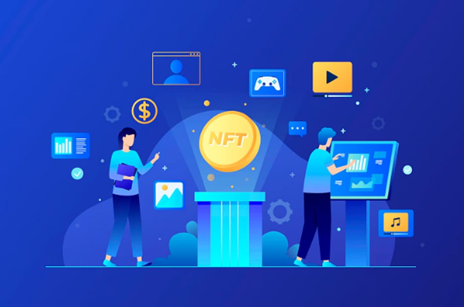 Crypto trading illustration with people, charts, and digital coins.