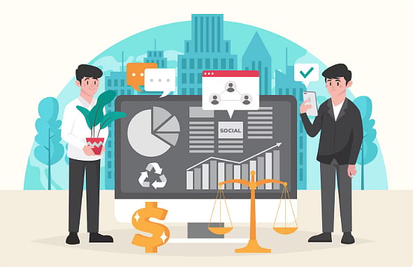 Illustration of two men standing by a large screen showing crypto investment data and a scale