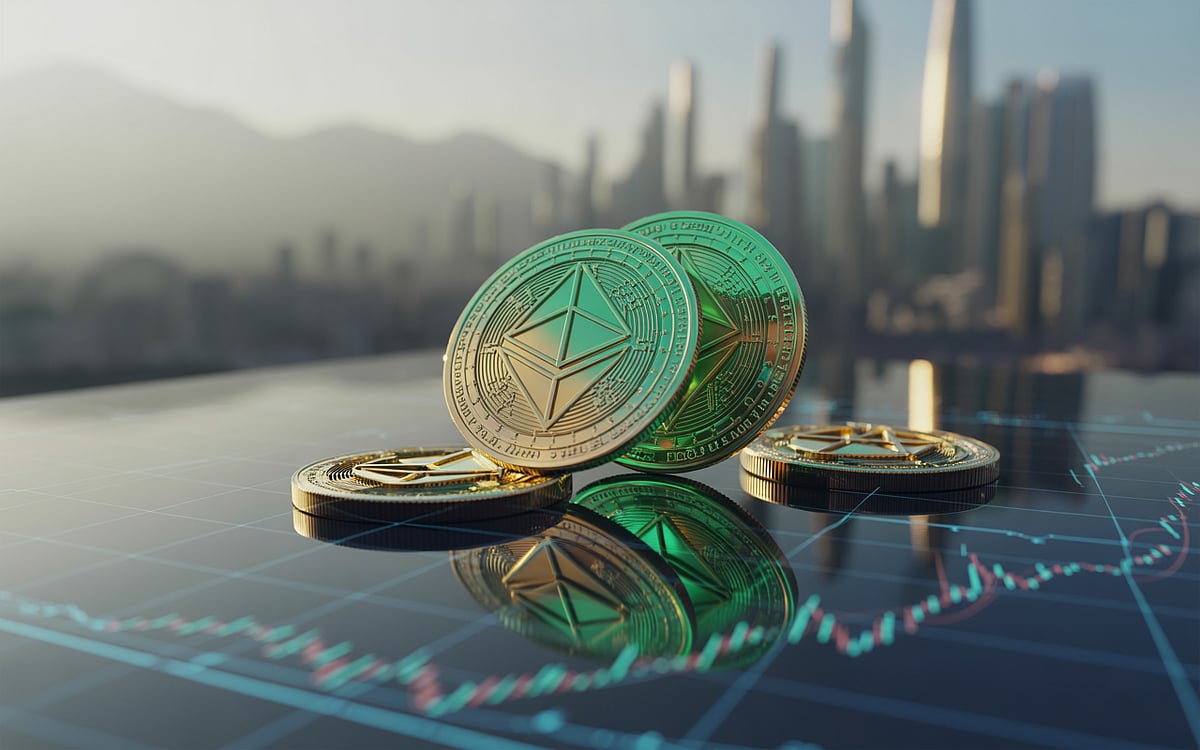 Three Ethereum coins on a reflective surface with a blurred cityscape background.