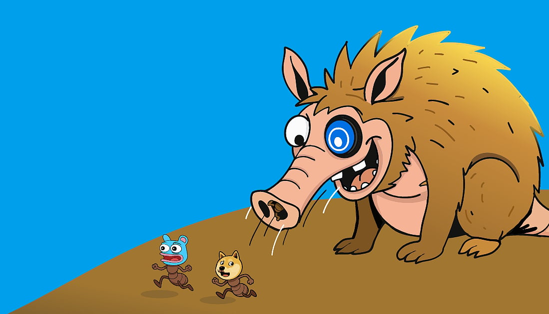 Snorter with wide eyes chasing two small animal characters.