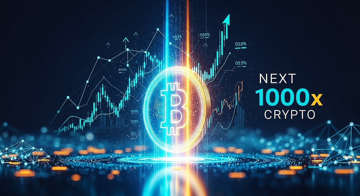 Next 1000x Crypto ad showing a Bitcoin symbol, glowing light, and a rising stock chart.