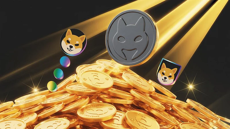 Dogecoin coin with Shiba Inu face and colorful coins around it