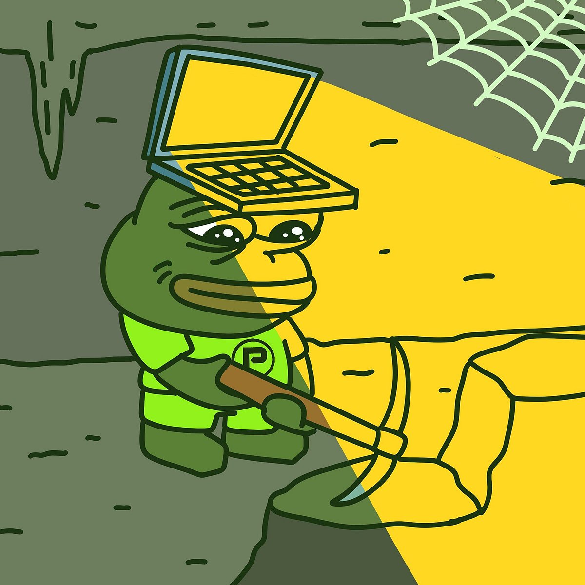 Cartoon Pepe the Frog miner with a laptop on his head, illuminated by a spotlight in a cave.