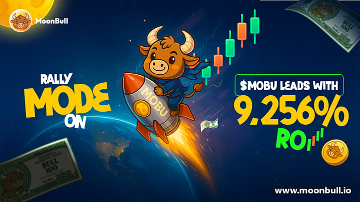 Bull character on a rocket, illustrating a crypto rally with high ROI.