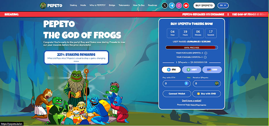 A crypto project called PepeTo (The God of Frogs) with a token purchase form.
